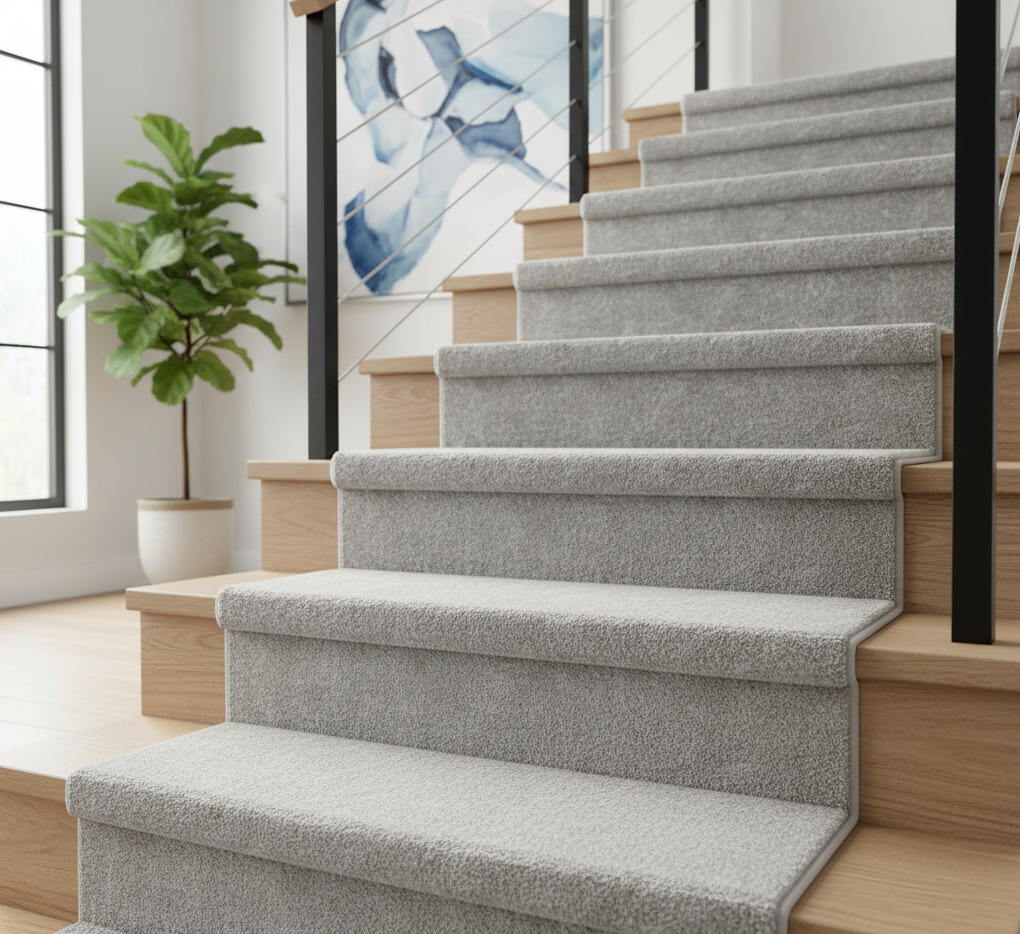 Modern grey striped stairs carpet runner with glass railings and Burj Khalifa Dubai skyline view.