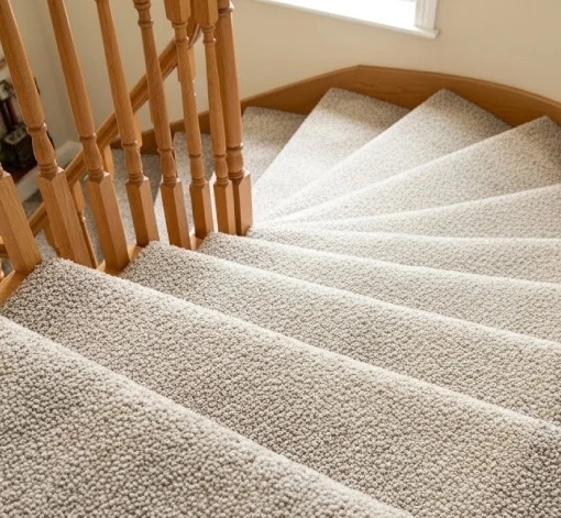 A curved wooden staircase featuring a textured, beige acrylic carpet runner.