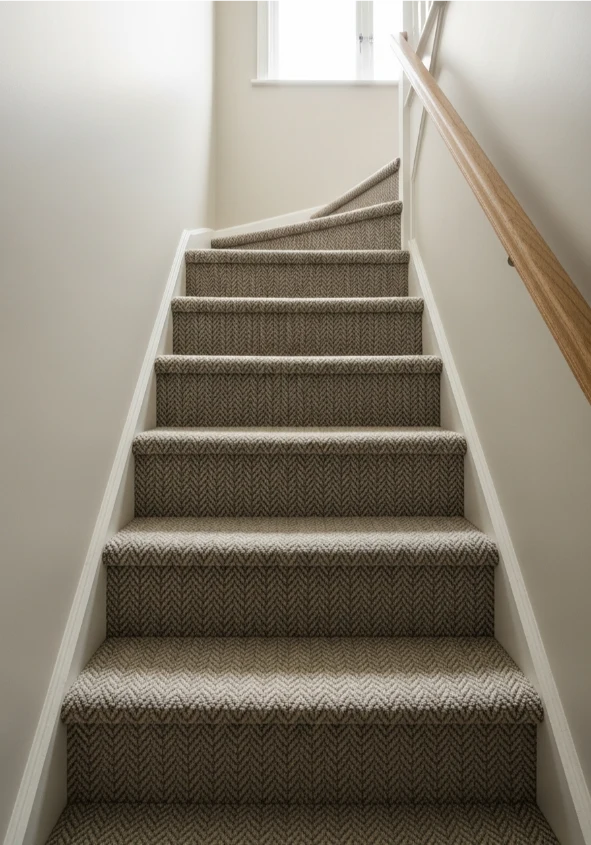 A straight staircase with a grey chevron-patterned carpet runner and a light wood handrail.
