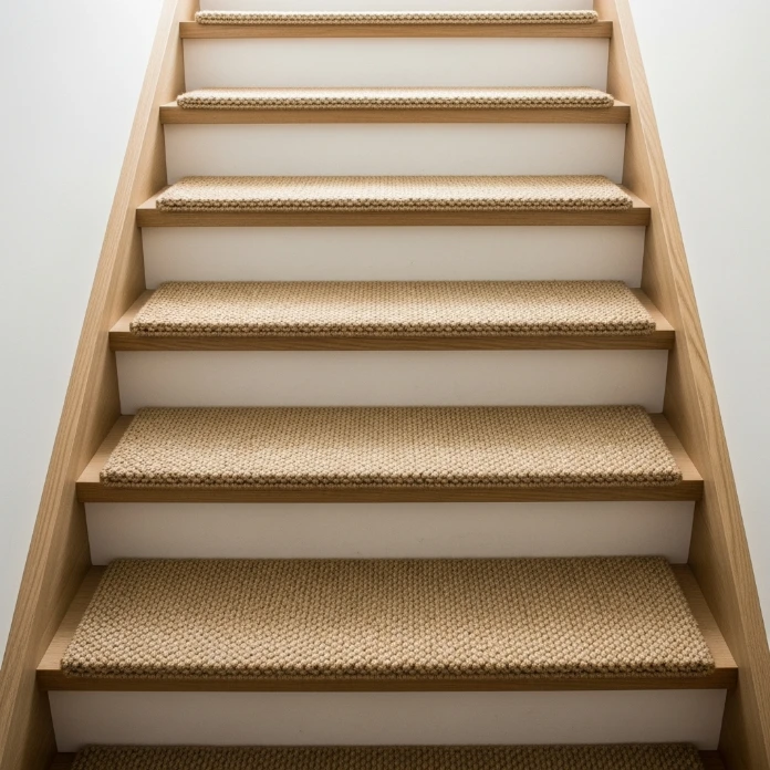 Beige textured carpet runner on a white staircase with a wooden handrail.