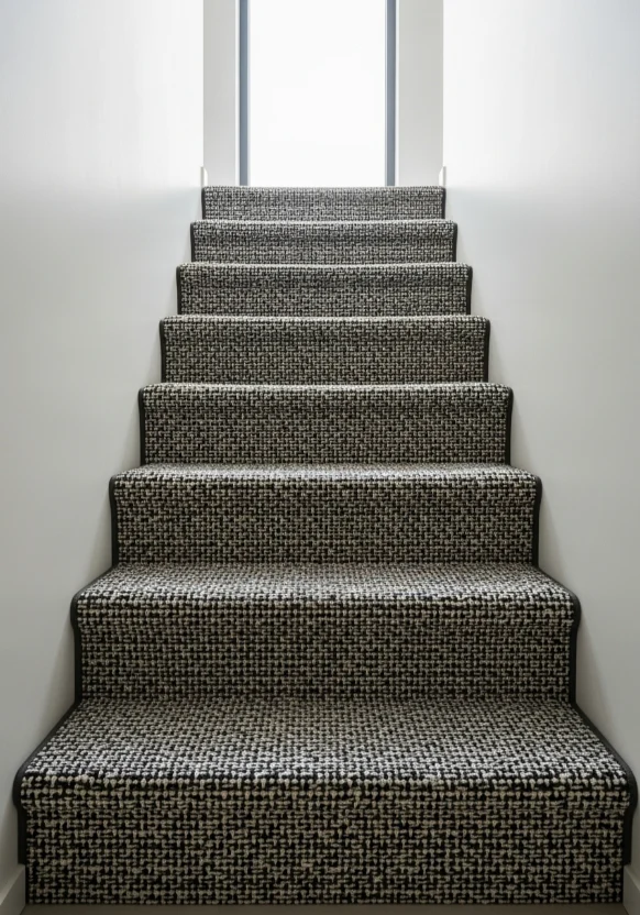 Black and ivory contrast woven stair carpet in a modern Dubai duplex.