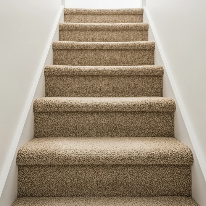 Close-up of deep green textured carpet with white vertical stripes.
