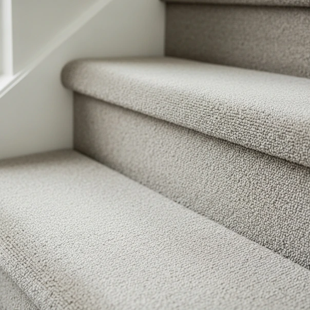 Close-up polyester stair carpet surface on modern stairs