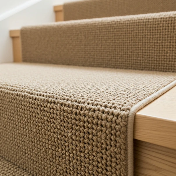 Close-up view of natural sisal stair carpet texture on wooden stairs