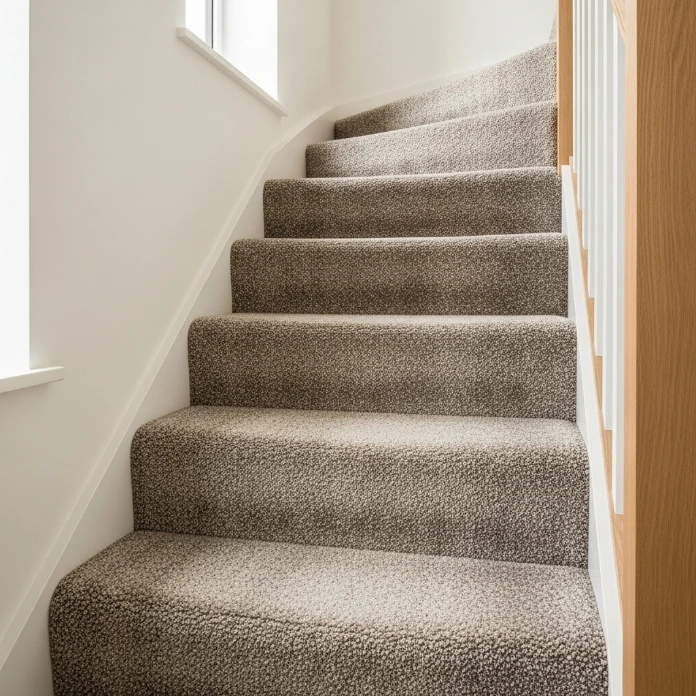 Curved white staircase with a grey-speckled carpet runner.