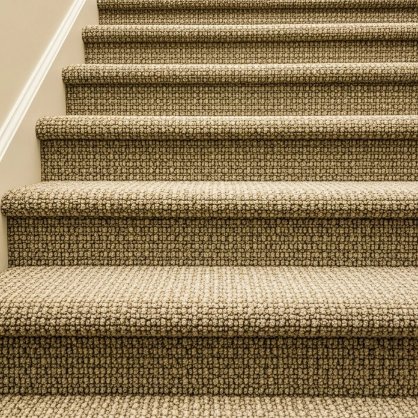 Custom fitted beige wall-to-wall stair carpet with precise step alignment