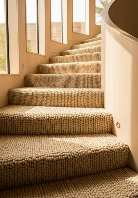 Hand-tufted natural wool stair carpet in soft beige tones in a Dubai villa.