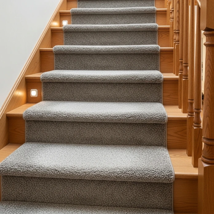 Dark grey chevron carpet runner on a wooden staircase with a matching handrail.