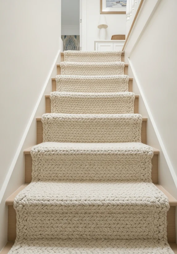 Light ivory braided jute stair carpet with natural thread texture.