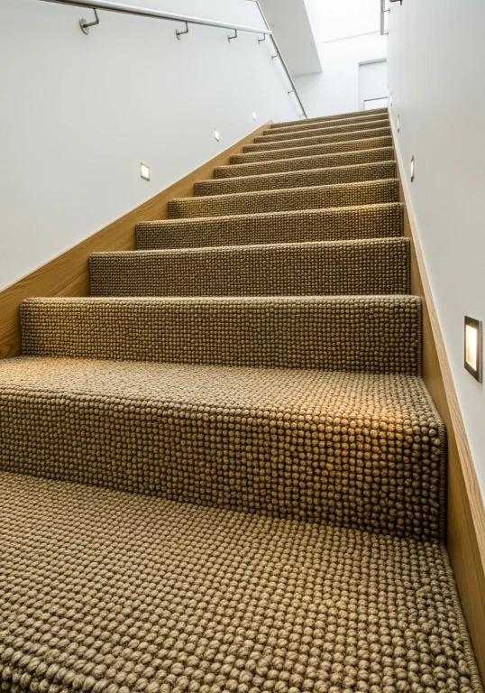 Loop-woven seagrass fiber stair carpet with earthy natural texture.