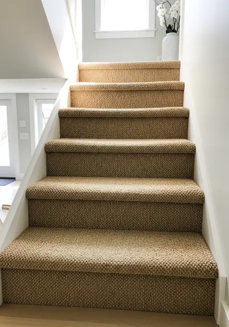 Modern white staircase covered in a light beige textured carpet, featuring a wooden handrail and a small plant at the top.