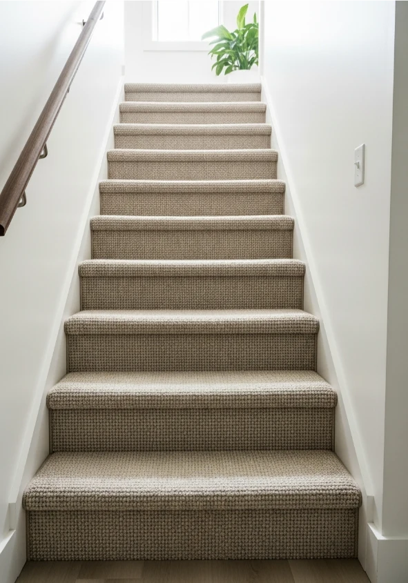 Modern white staircase covered in a light beige textured carpet, featuring a wooden handrail and a small plant at the top.