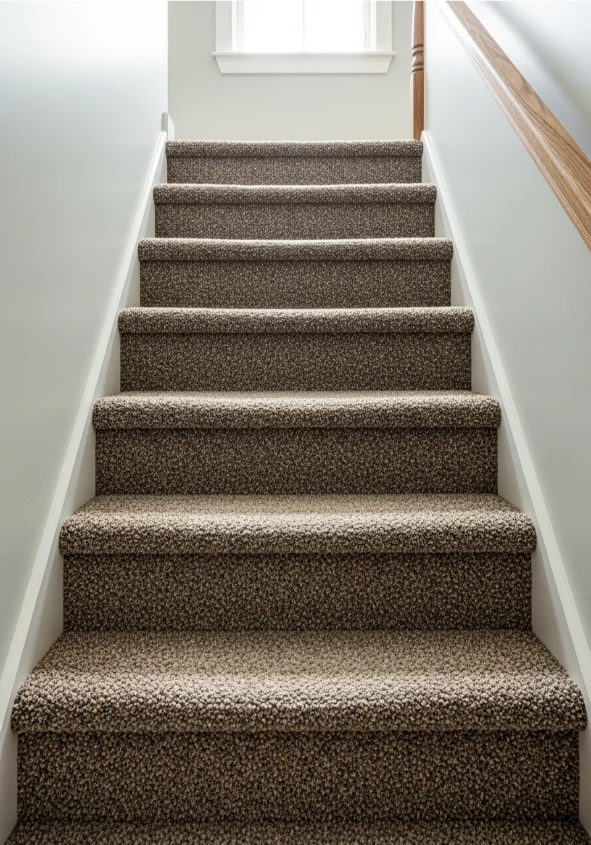 Modern white staircase in carpet, featuring a wooden and a small plant at the top.