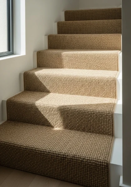 Natural sisal fiber stair carpet with textured surface in a contemporary Dubai interior