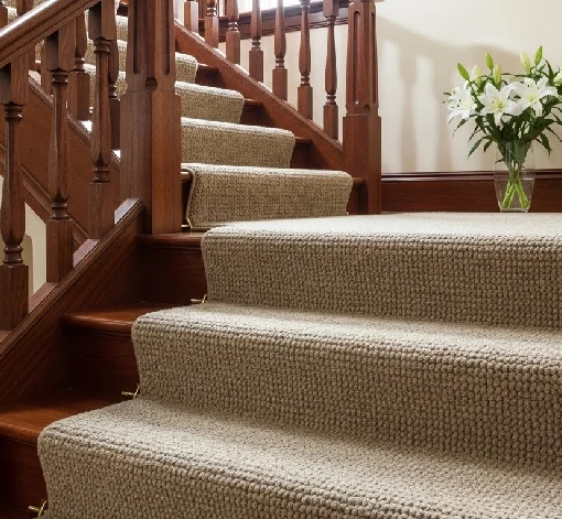 Premium striped wool stair carpet runner with a modern grey and white pattern, featuring a luxury Dubai skyline View