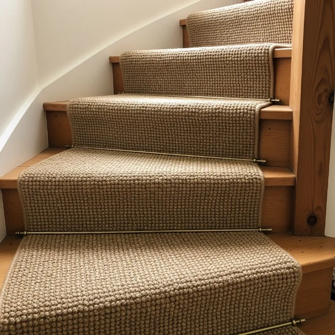 Rustic natural fiber stair carpet