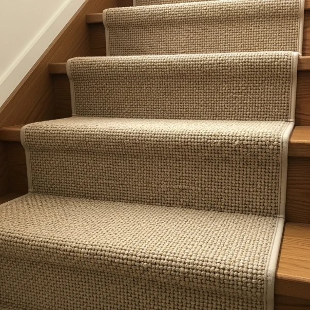 Sisal stair carpet texture with clean edge finish