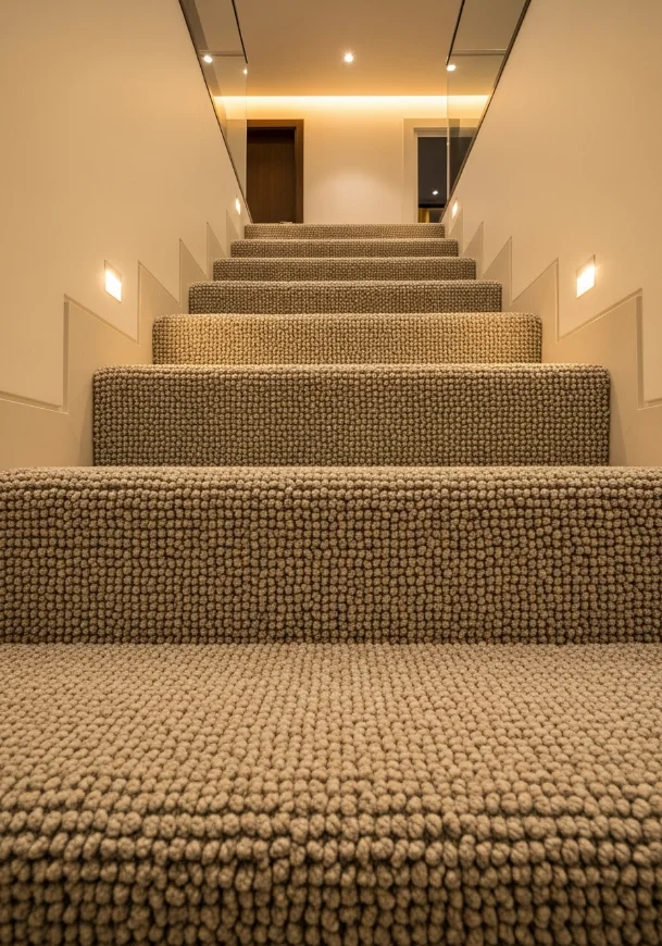 Speckled beige wool Berber loop-pile stair carpet in a modern Dubai home.