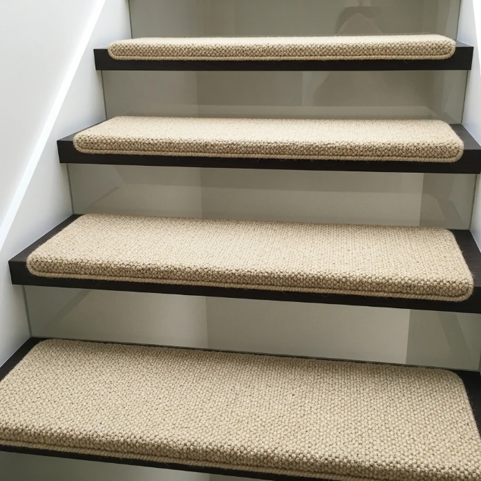 Straight staircase with a grey chevron-patterned carpet runner.