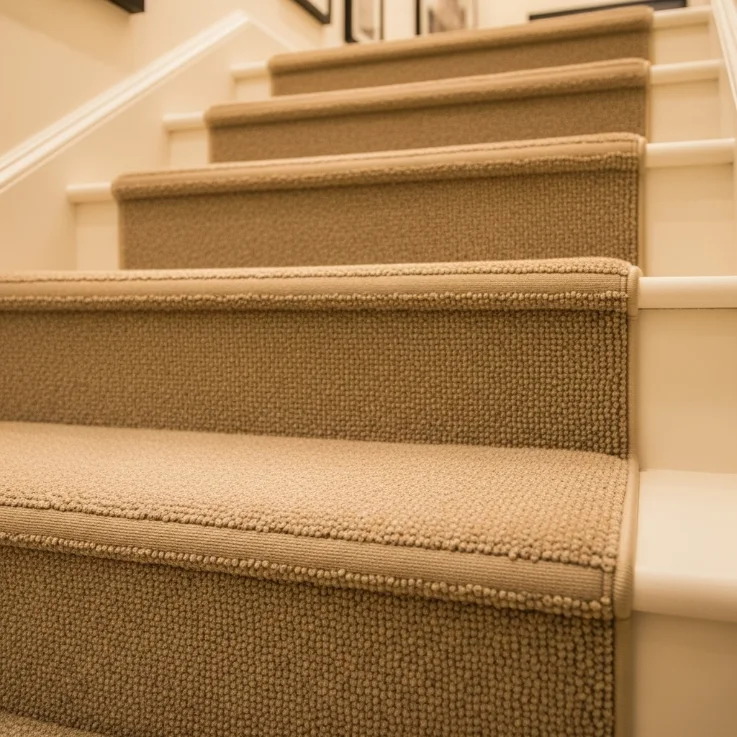 Warm beige synthetic wall-to-wall stair carpet mid-shot
