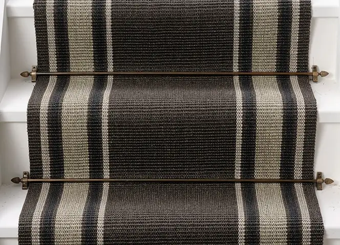 herringbone-weave sisal stair runner in a light oatmeal or sandy beige.