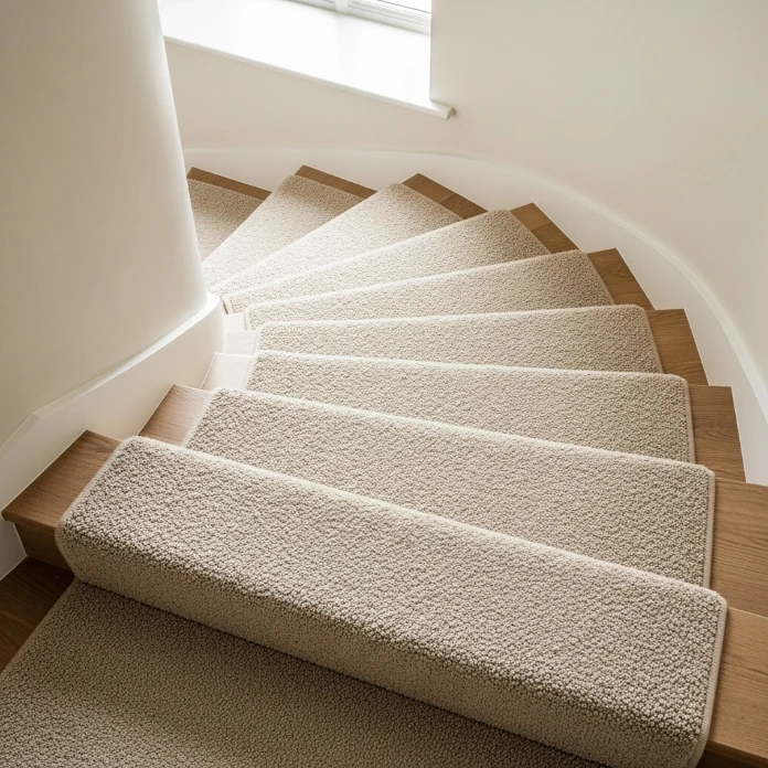 igh-angle view of a spiral wooden staircase with light beige carpet treads.
