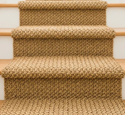 natural seagrass carpet runner installed on a light-toned wooden staircase with white risers.