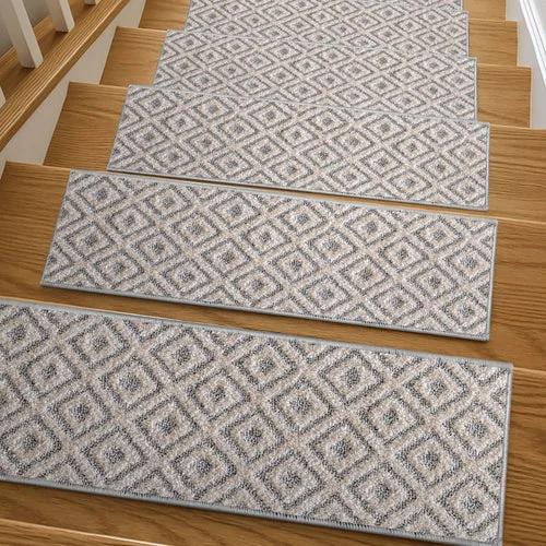 neutral geometric diamond pattern in shades of grey and cream with a textured, low-pile finish.