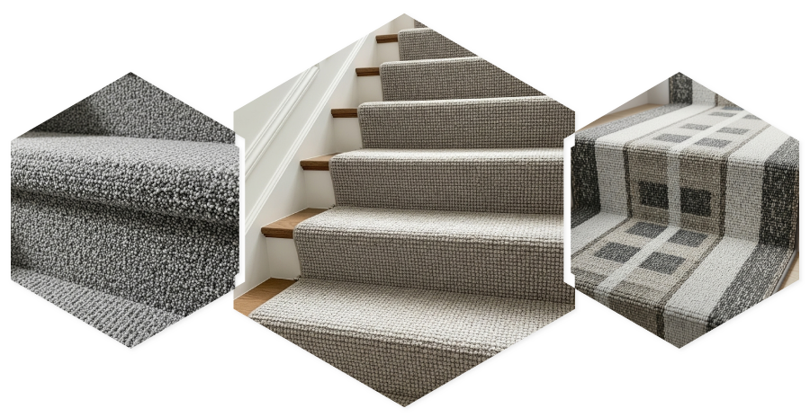 Teen tarah ke textured aur patterned stair carpet designs ka collage.