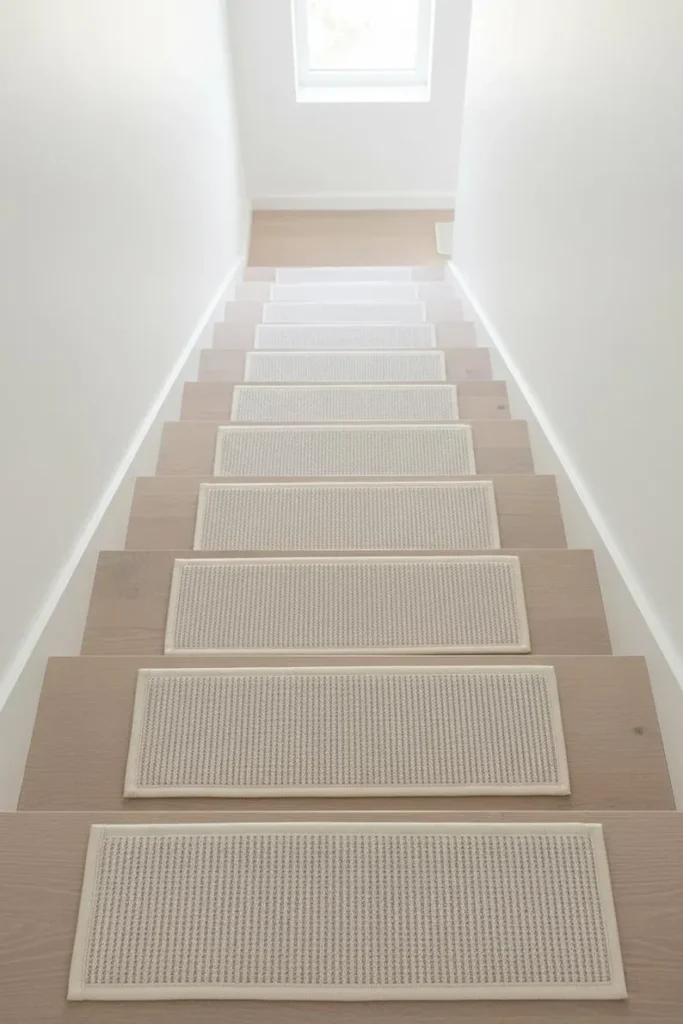 straight wooden staircase featuring neutral, sisal-textured rectangular stair treads.