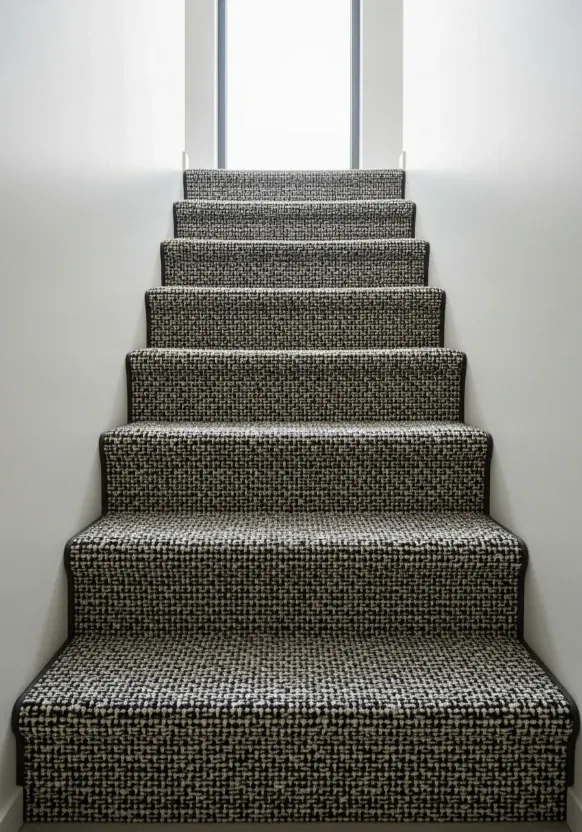 Black and ivory contrast woven stair carpet in a modern Dubai duplex.