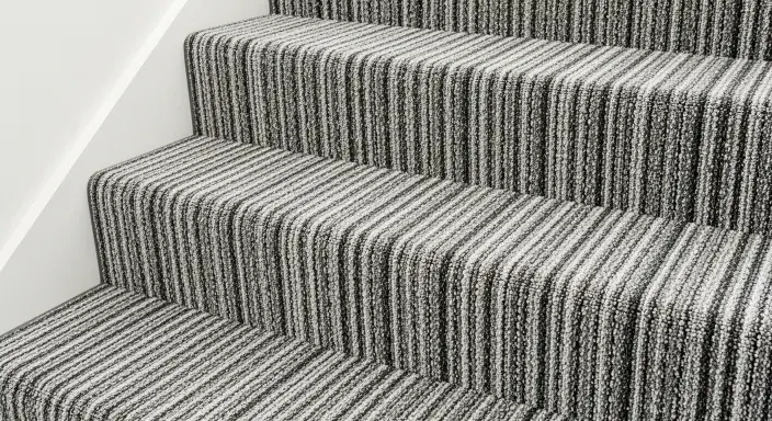 Black and white striped stair carpet runner on modern staircase