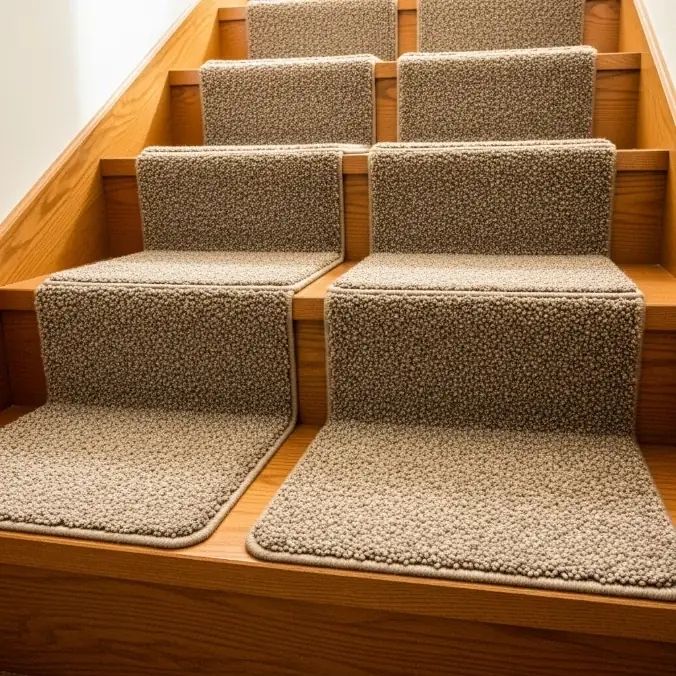 Residential stair tread carpet installation.