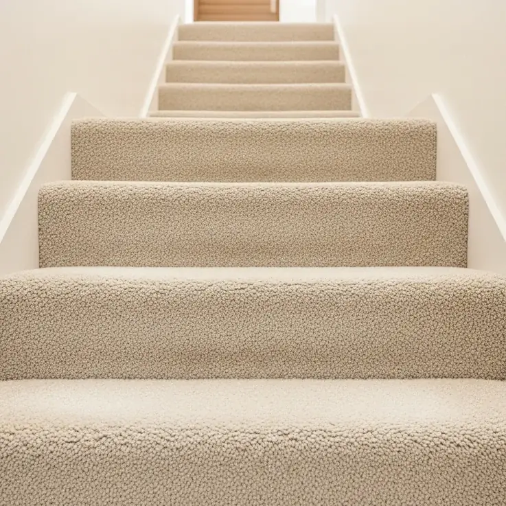 Soft cream synthetic wall-to-wall stair carpet diagonal view