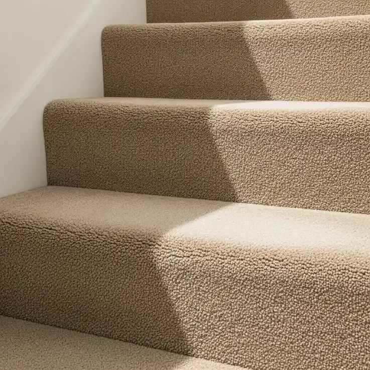 Soft sand synthetic wall-to-wall stair carpet with natural step shadows