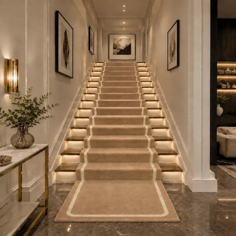 Beige Luxury Stair Carpet runner with a thin cream border on illuminated dark wood steps.