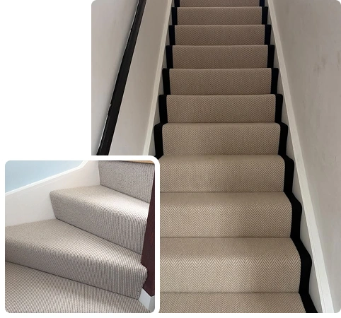 Beige patterned stair carpet installation in Dubai with elegant black edging.