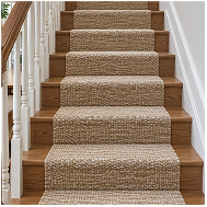 Beige polyester stair carpet runner on wooden stairs with white railings.