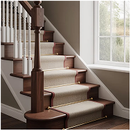 Beige synthetic stair runner with dark edging on a wooden staircase.