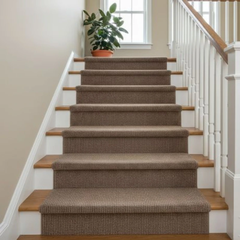 Brown ribbed carpet runner installed on wooden stairs.