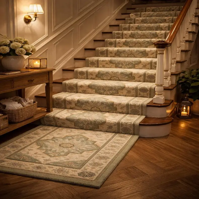 Classic Persian Stair Runner in soft cream and sage green on a wooden staircase with warm lighting.