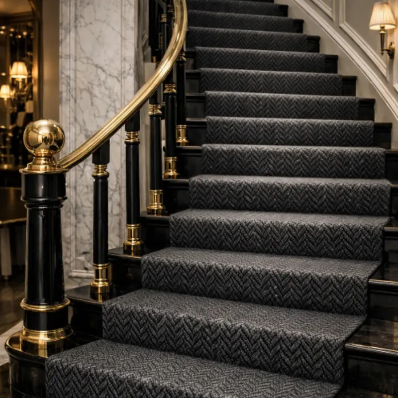 Dark grey patterned stair carpet runner on a black wooden staircase.