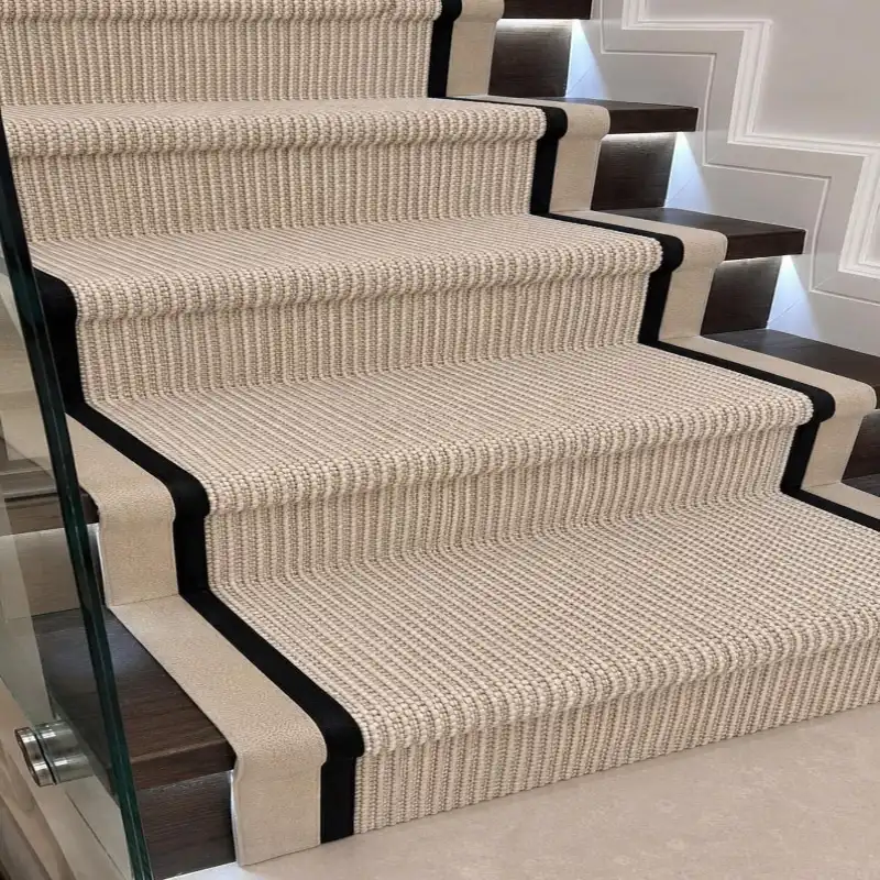 Elegant Striped Stair Carpet runner featuring a textured beige weave with a black and cream border trim on dark wood stairs.