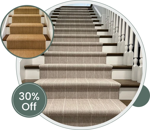 Elegant beige textured stair carpet runner installed on wooden steps for Stair Carpet Runner Dubai.