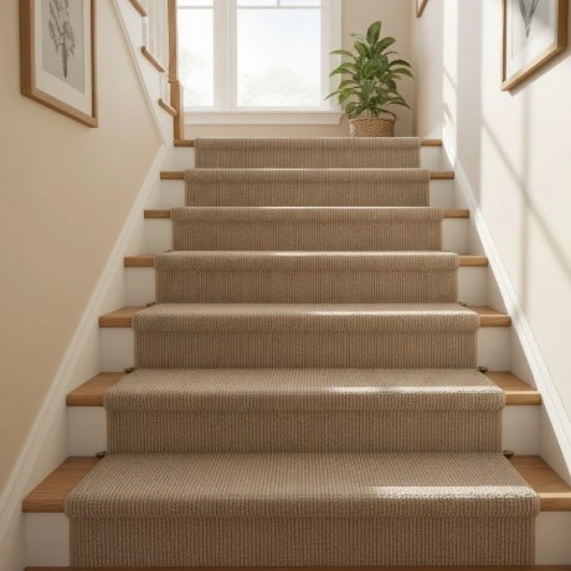 Light brown ribbed stair carpet runner on wooden steps.