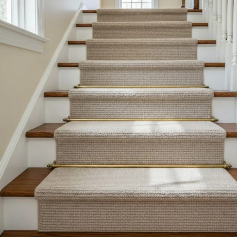 Light brown textured stair runner with brass rods on wooden steps.