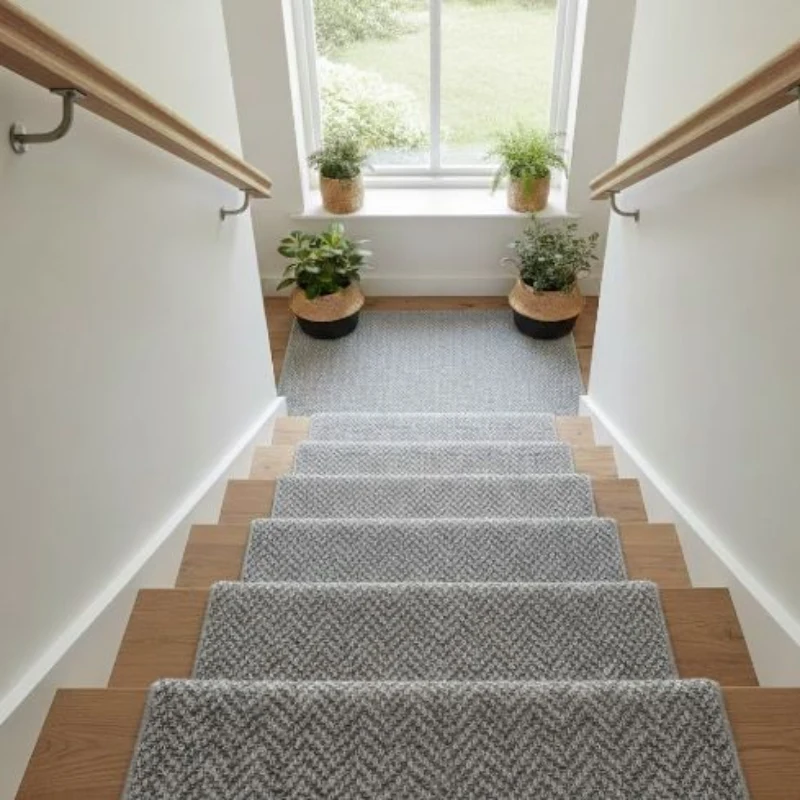 Light grey herringbone stair carpet runner on wooden steps viewed from above.