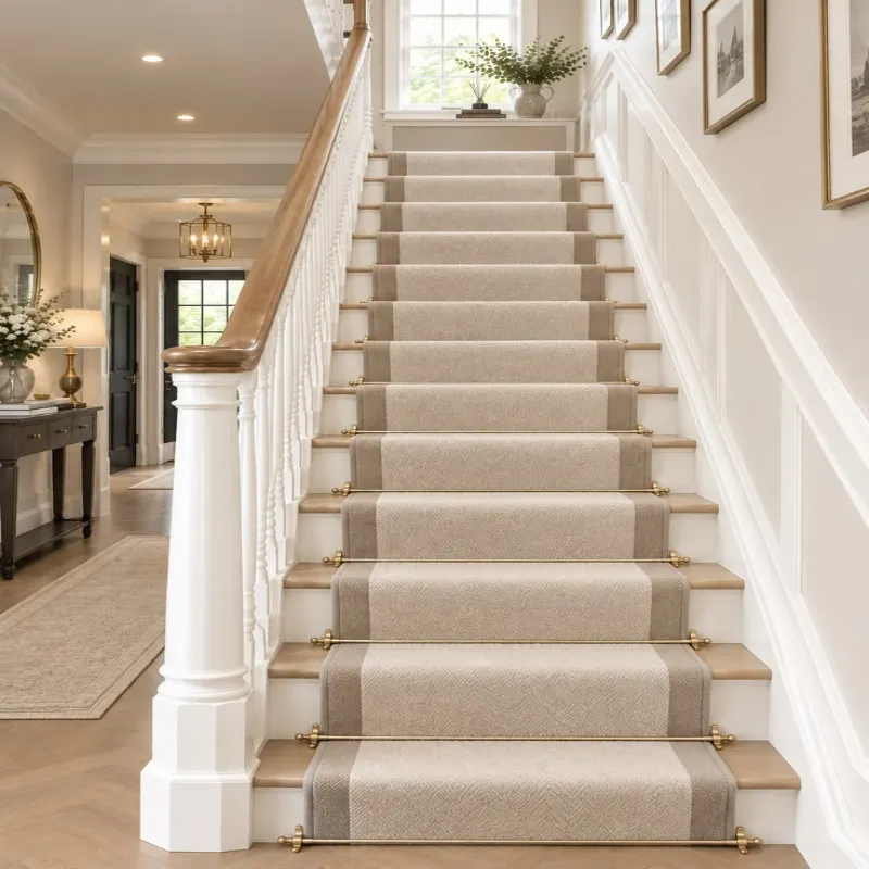 Minimalist Neutral Stair Carpet runner in light beige with soft taupe borders on a light oak staircase.
