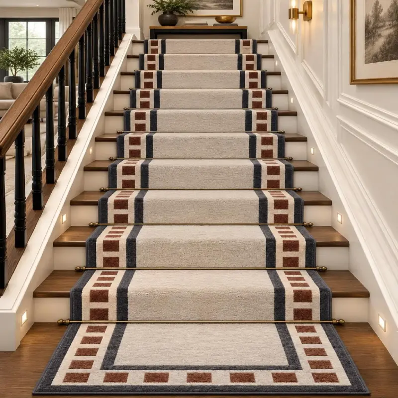 Modern Geometric Stair Carpet runner in beige with a dark blue and brown geometric border on wooden stairs.