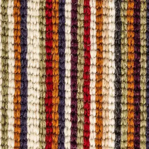 Multi-colored striped wool carpet texture swatch featuring vibrant vertical stripes in red, orange, purple, green, and cream for Wool Stair Runners Dubai.
